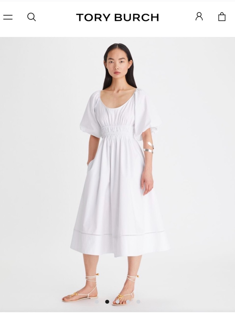 Tory Burch White Scoop-Neck Puff-Sleeve Midi Dress